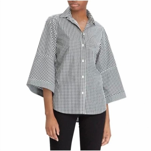 Ralph Lauren Tops - Lauren Ralph Lauren Bell Sleeve Black & White Gingham Checked Shirt Size L